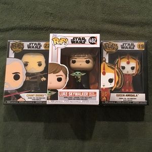 Funko Pop Luke Skywalker with Grogu, Pin Queen Amidala And Pin Count Dooku